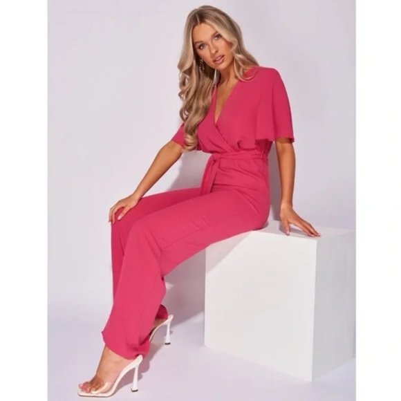 Pink Short Sleeve V-Neck Loose Fit Wide Leg Jumpsuit Playsuit - Picture 6 of 13